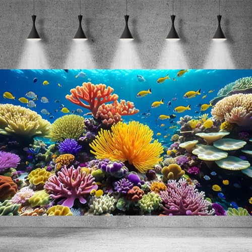 Image of Underwater World Aquarium Background Deep Ocean Sea Marine Life Terrarium Backdrop Various Corals and Tropical Fish Aquarium Backdrop Blue Undersea Sunbeams Fish Tank Background Decors 24x12in