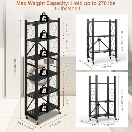 Image of 6-Tier Foldable Storage Shelves with Wheels Folding Bookshelf no Assembly | Folding Metal Shelf Unit, Collapsible Shelves for Craft Shows for Kitchen, Bedroom, Living Room, Black