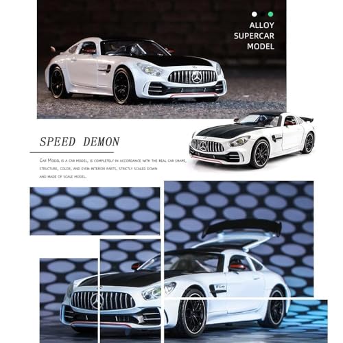 Image of WORSHIPER 1:24 Diecast Model Alloy Mrcedes AMG GTR Alloy Metal Pull Back with 6 Openable Doors & Sound Light Toy car for Kids Best Gift Toys for Kids Boys (1:24 AMG GTR - White Color)