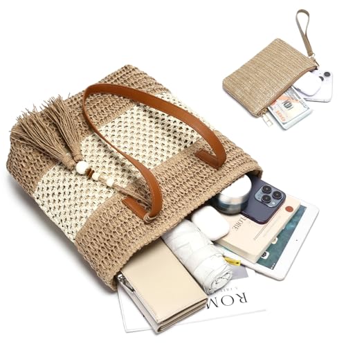 Beach Straw Bags for Women, Summer Travel Bag Woven Straw Purse, Handmade Clutch Beach Tote Bag Shoulder Handbags3