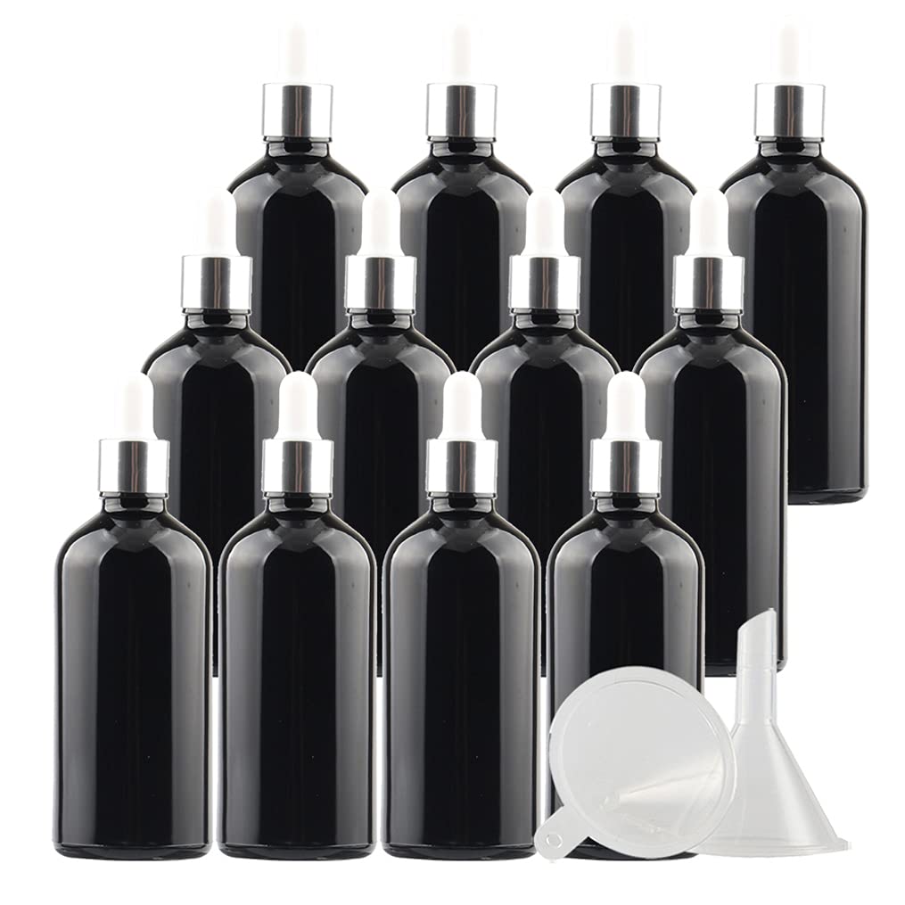 12 Pieza,Botella de Aceite Esencial Negro brillante de 100 Ml, Fácil de Llenar, Botellas de Cristal con anillo de Plata y pipeta,para Aceite Esencial, Masaje,Fragancia, Aromaterapia