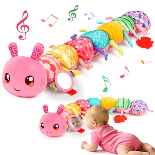 Image of Baby Girl Toys 0-6 Months Musical Stuffed Caterpillar Pink Toys for Infant 0-3 3-6 Month Tummy Time Sensory Newborn Toys with Mirror Crinkle Rattle for 2 3 4 5 6-12 Month Old Babies Girl Shower Gifts