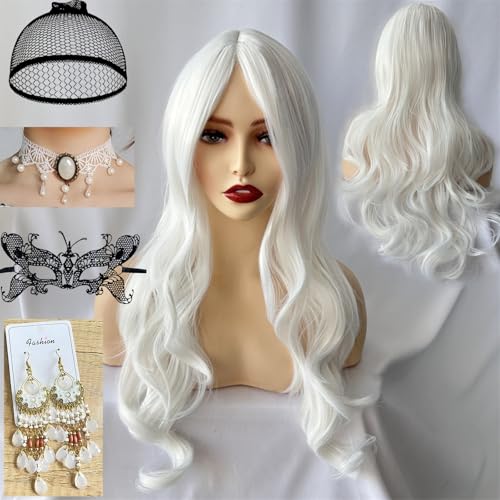 Waziwe Perruque longue blanche pour femme - 68 cm - Fibres synthétiques - Avec filet à cheveux - Pour costume d'Halloween, cosplay, mascarade, carnaval,...