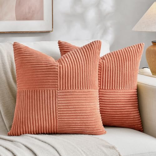 Image of Fancy Homi 2 Packs Coral Decorative Throw Pillow Covers 18x18 Inch for Living Room Couch Bed, Rustic Farmhouse Boho Home Decor, Soft Corss Corduroy Patchwork Textured Peach Cushion Case 45x45 cm