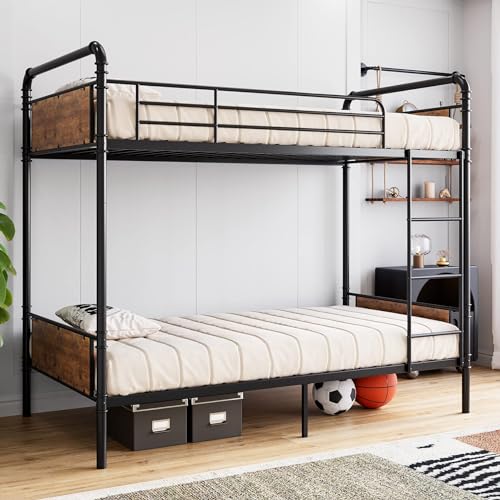 GarveeHome Metal Bunk Bed Twin Over Twin for Kids, Heavy Duty Twin Size Convertible Bunk Bed with Guardrail & Ladders, Noise Free, No Box Spring Needed, Vintage Black