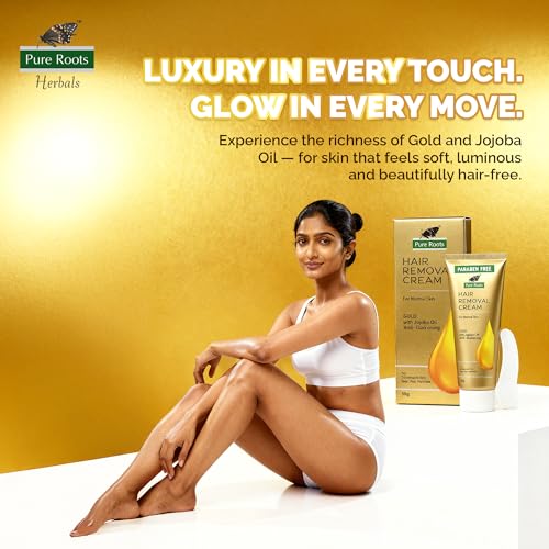 Image of Pure Roots Gold Hair Removal Cream 50g (Pack of 3) Gentle formula Enriched with Jojoba Oil, Painless, Easy and Effective Hair Removal Cream for Women and Men - 150g