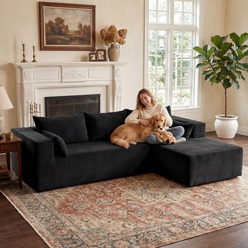Image of GRUSIGN106 Cloud Sectional Boneless Couch for Living Room, Modular L Shaped Couches with Oversized Right Facing Chaise, Memory Foam Compressed Spineless Deep Seat 3 Seater Sofa for Apartment, Black