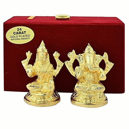 Image of 24K Gold Plated Brass Laxmi Ganesh Idol, Murti for Mandir & Decor Diwali Gift, God Statue for Home Temple Pooja, Office Car Dashboard, Wedding Anniversary & Corporate Gift, Housewarming- 3 inch, 480gm
