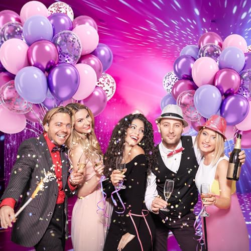 Image of 61pcs Pink and Purple Balloons, 12 Inch Purple Pink Confetti Balloons, Metallic Balloon with Ribbon for Bridal Baby Shower Wedding Women Birthday Party Decorations