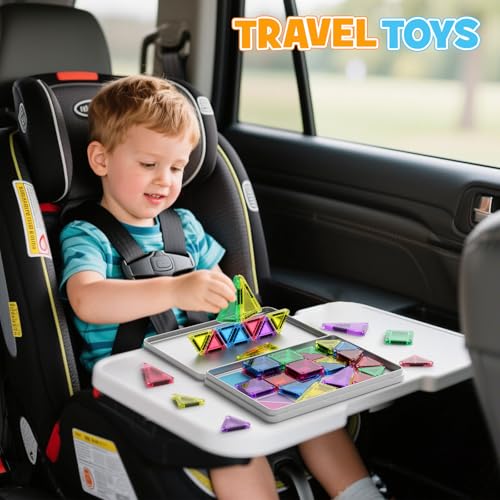 Image of 42PCS Mini Magnetic Tiles Travel Set with Iron Storage Box - Portable STEM Building Blocks for Kids 3-8, Montessori Educational Magnet Toys for Airplane, Car Rides & On-The-Go Play