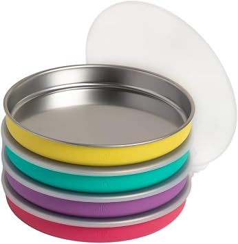 Elk and Friends 7.8 Stainless Steel Non Divided Plates with Silicone Sleeve + Storage Lid | Baby, Toddler, Kids | Dishwasher Safe | Dinner & Snack Plates | 4 Pack