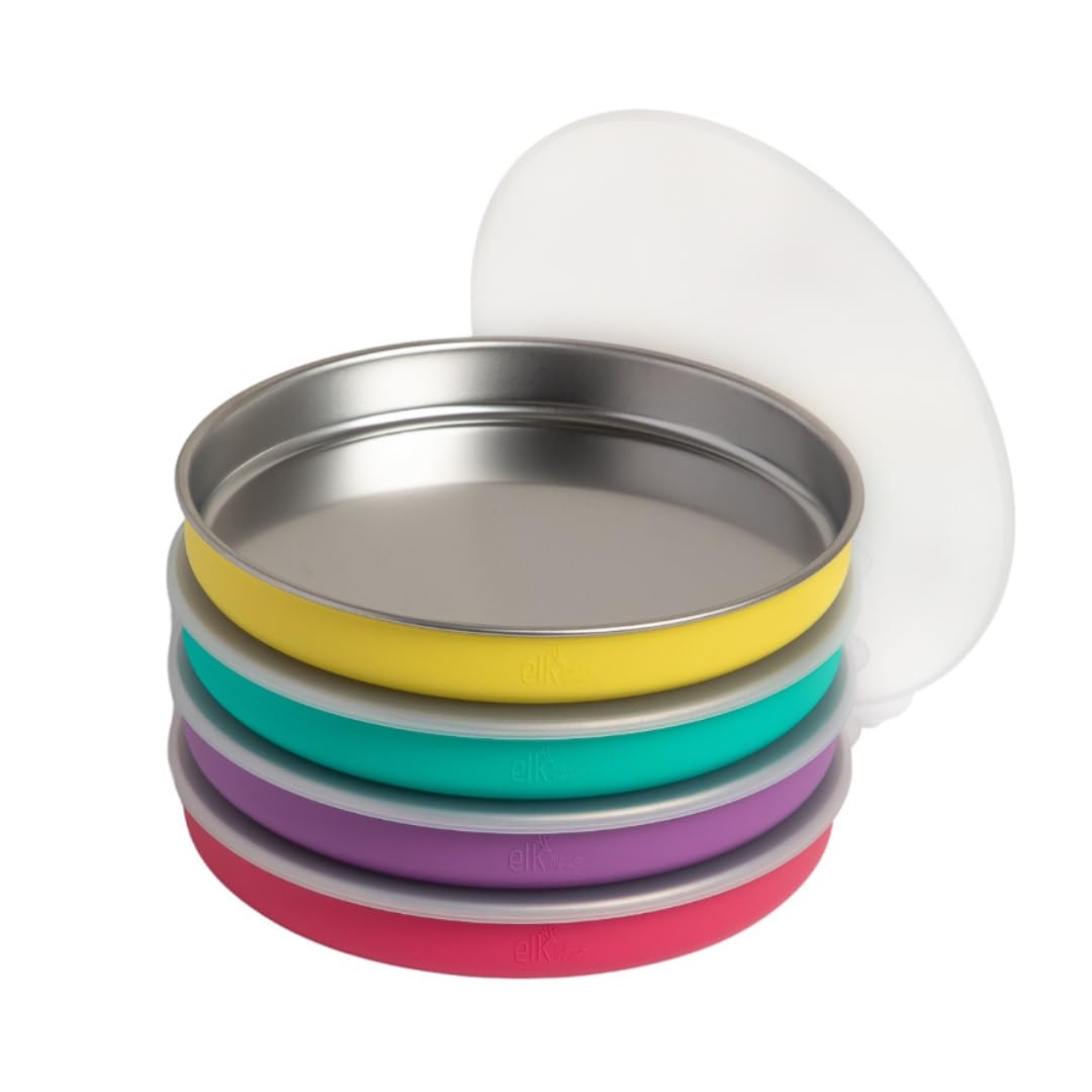Elk and Friends Kids Stainless Steel Plates with Silicone Sleeves + Lid| Suitable for Babies/Toddlers | Dishwasher Safe | Non Slip Dinnerware | Snack Dishes | 4 Pack