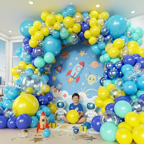 Image of 160pcs Cartoon Sponge Balloons Garland Arch Kit, Birthday Decorations Yellow Blue Clear Metallic Blue Teal Balloons and Pineapple Balloon Arch for Cartoon Birthday Baby Shower Party Decor