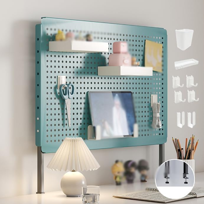 Pegboard Wall Organizer Panels.Adjustable Metal Peg Board Organizer, Space-Saving Desk Accessory for Office, Study, and Home Organization，（White(Clip-on Base)，60 * 40cm）
