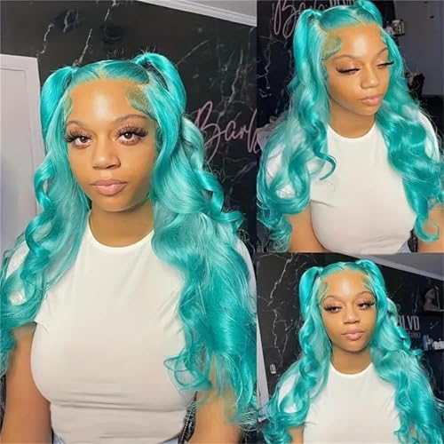 GIANNAY Lace Front Wig 13x4 HD long Body Wave Glueless Lace Frontal Wigs Pre-plucked Synthetic Lace Wigs for Women Lace Wigs 28 Inch 200% Density (Mint Blue Green)