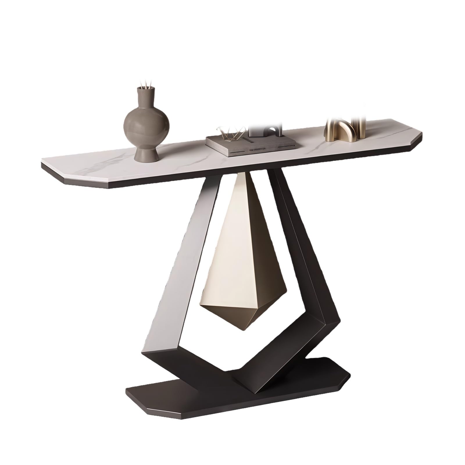 Mesas consola para recibidor con panel de piedra y estructura metálica, mesa consola estrecha con tablero de piedra decorativa, ideal para sala de estar, vestíbulo, dormitorio o pasillo (negro + bla
