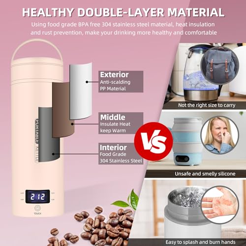Image of Travel Electric Kettle Portable Small Mini Tea Coffee Kettle Water Boiler, Water Heater with 4 Temperature Control,304 Stainless Steel with Auto Shut-Off & Boil Dry Protection, BPA-Free (Pink)