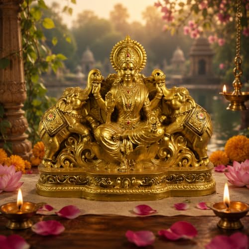 Image of Gaja Lakshmi Idol On Lotus with Elephants │ 4.5 Inch Polystone Laxmi Murti │ Brass, Silver & Patina Grey Finish │ Diwali Puja Gift (Gajlakshmi Brass Color)