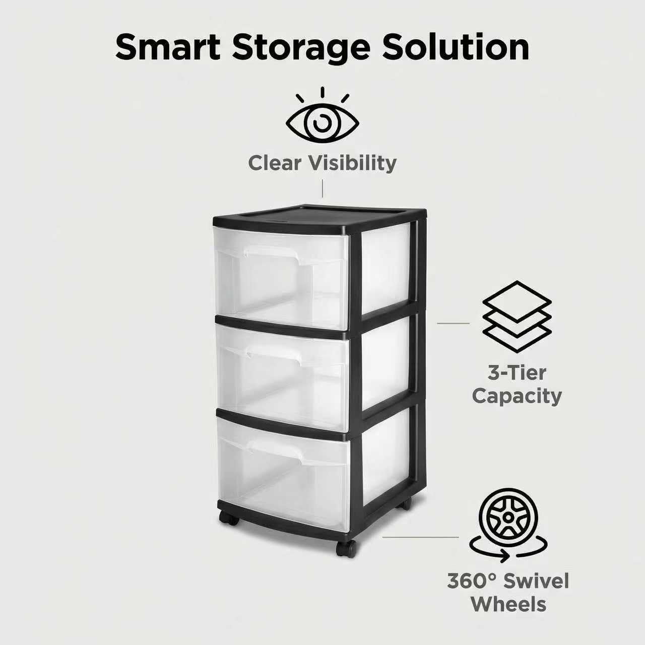 3 Drawer Rolling Plastic Storage Cart with Large Durable Clear Drawers and Removable Wheels, Suitable for Bedroom, Dormitory, Closet, Kitchen and Office (BLACK)