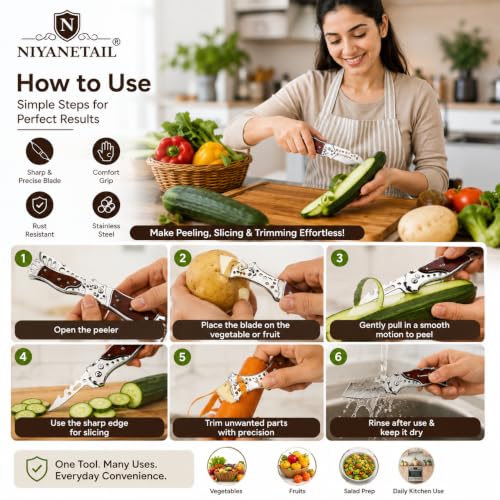 NIYANETAIL Vegetable Knife & Peeler, Wooden Handle - Image 8