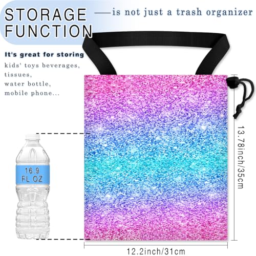 Image of Car Trash Bag Hanging Back of Seat Waterproof Small Cute Printed One-handed Strap Drawstring Garbage Bags for Car-Glitter Pink
