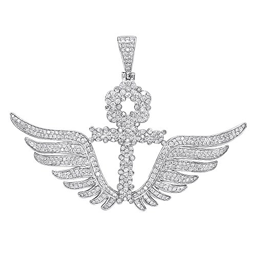 Men s 10K Rose, White or Yellow Gold Diamond Ankh Pendant Cross with Wings 3.3ctw (White Gold)