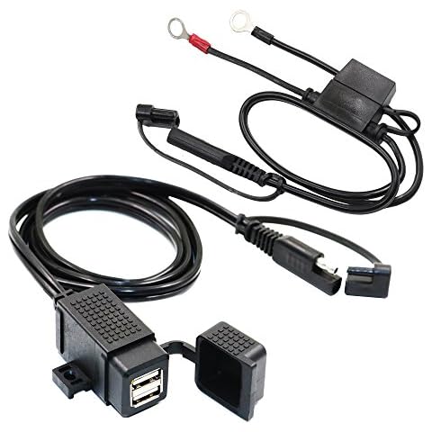 MOTOPOWER 3.1Amp Waterproof Motorcycle Dual USB Charger with Fused SAE Ring Terminal Cable Harness Cover