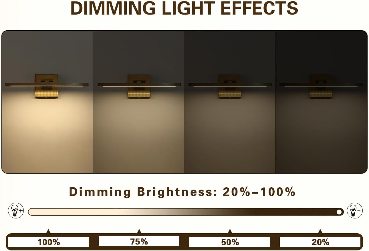 Hardwired Picture Light Brass Dimmable Modern LED Light for Pictures 15.7 Inch Long Swing Arm Art Lighting for Paintings Warm White 3000K Gallery Wall Light