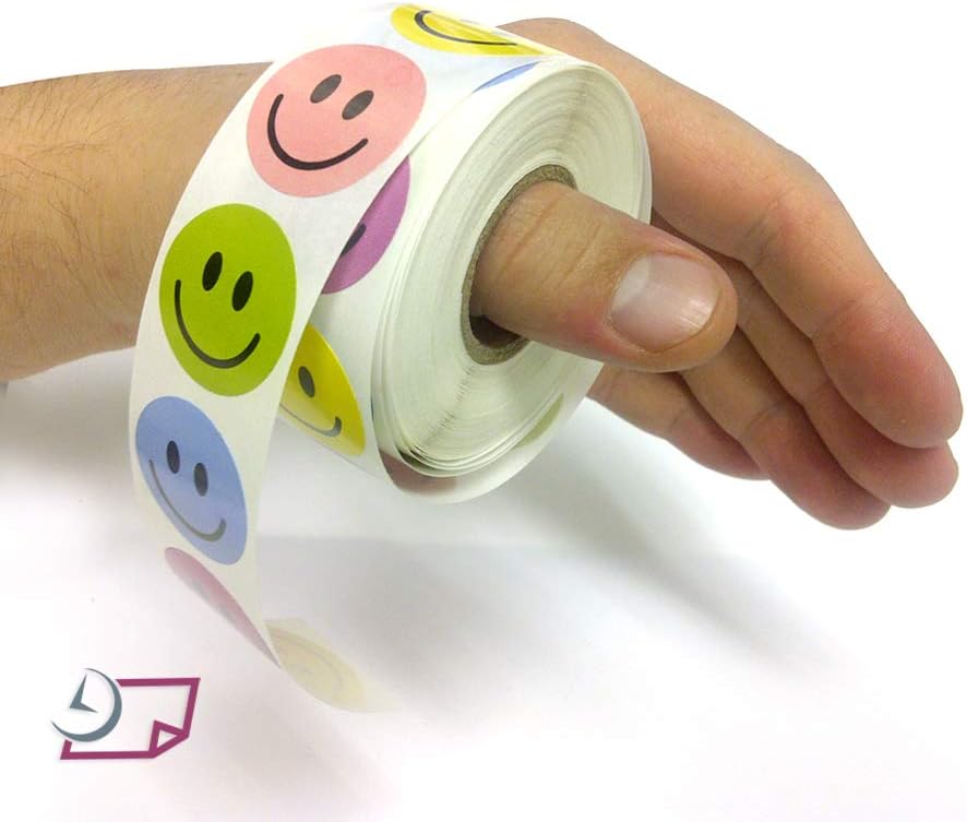 Assorted Color Happy Smiley Face Circle Dot Incentive 1” Round Stickers for Rewards, School, Home Etc, 1 Roll Per Package, 500 Labels Per Roll - 100 of Each Color.