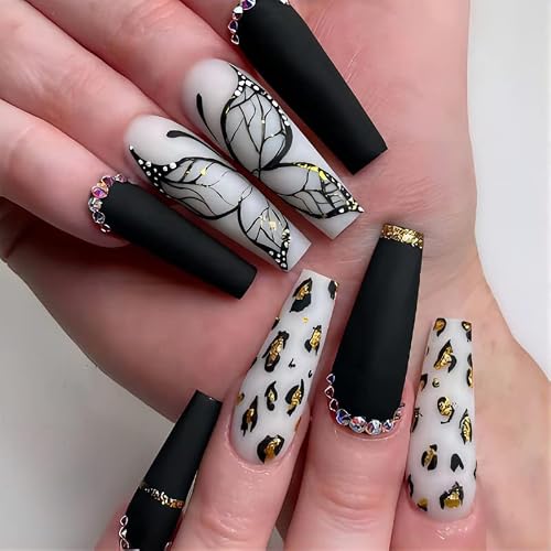 MURISE 24pcs Press on Nails Long, French Fake Nails with Leopard and Butterfly Print, Sweet Shiny False Nails Full Cover Glue on Nails for Women and Girls, D44
