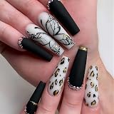 MURISE 24pcs Press on Nails Long, French Fake Nails with Leopard and Butterfly Print, Sweet Shiny Fa