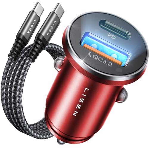 LISEN - Caricabatterie da auto per accendisigari da 54 W per telefono cellulare a ricarica rapida con presa USB C da 12 V, mini adattatore per accendisigari auto a USB in metallo per iPhone S21, LG