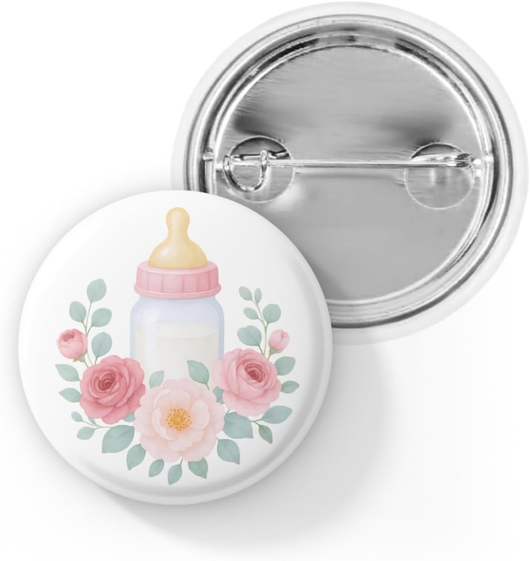 Baby Bottle Pin Back Button, Floral Baby Shower Badge, Baby Girl Announcement Pin, Shower Favor Gift