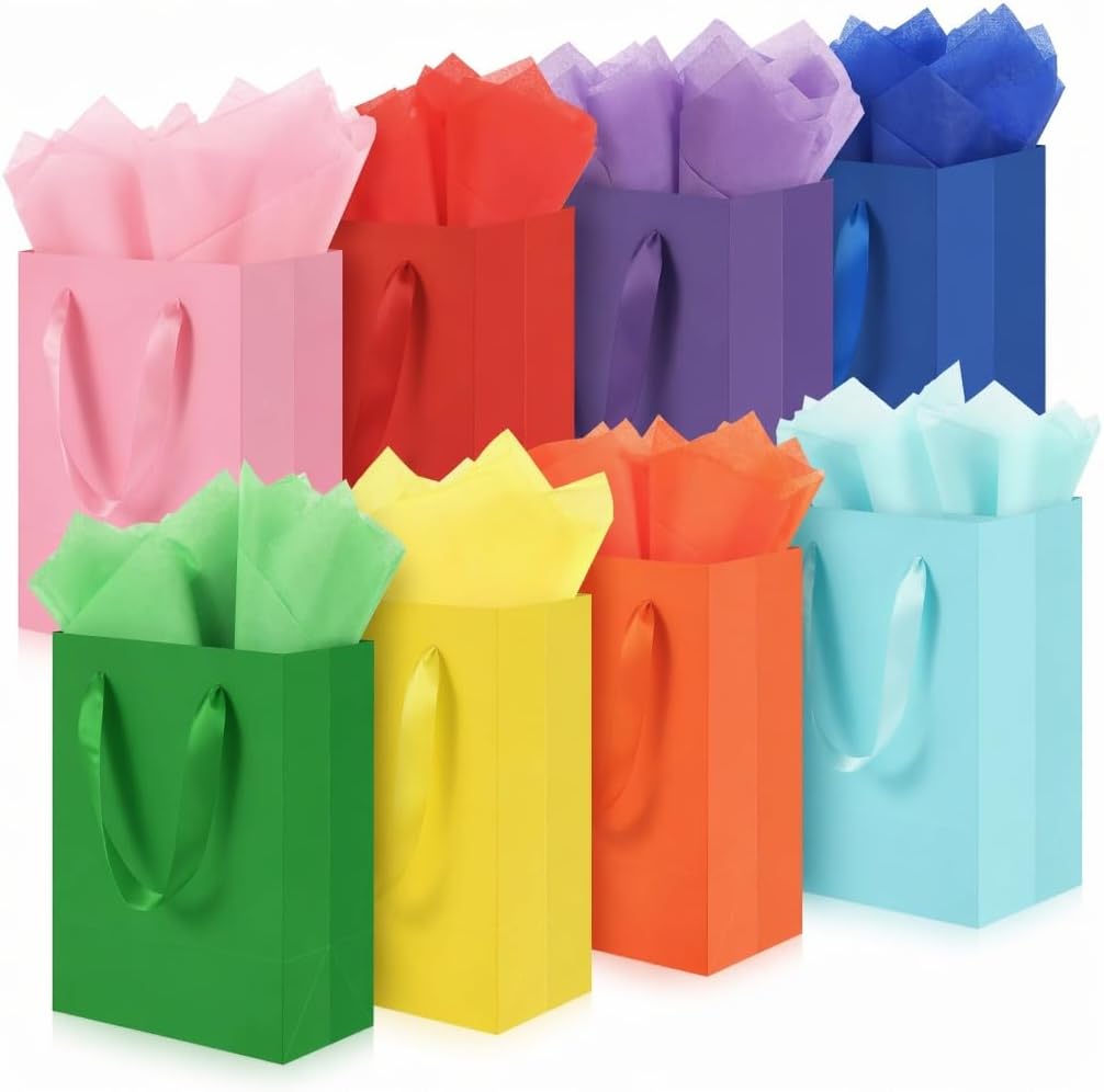 WrapNGo Gift Bags with Handles, 8 Colors with Tissue Paper 8x5x10 Inch