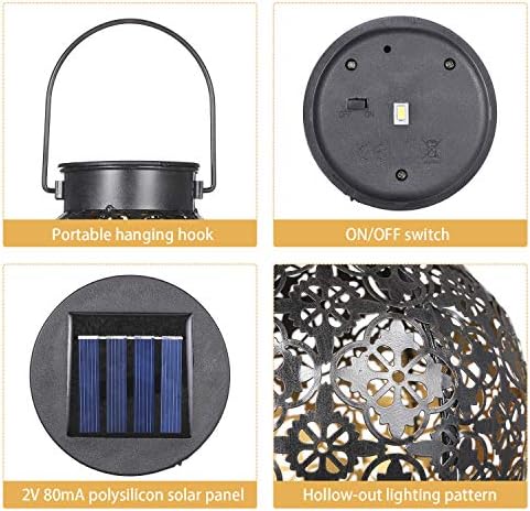 Solar Lanterns Light Outdoor Hanging Garden Lights Metal Lamp for Patio Yard Art Garden Accessories Decorations for Porch,Lawn,Courtyard, Pack of 2