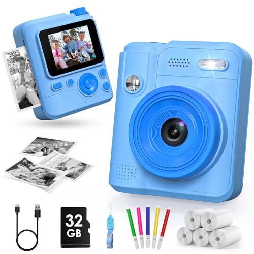 Gofunly Kids Camera Instant Print, 1080P Digital Camera for Kids with 32GB Card & 5 Print Paper Rolls, Selfie Toy Gift for Girls & Boys Ages 3-12, Blue