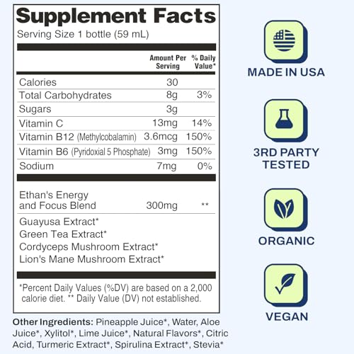 Image of Ethan's Organic Clean Energy Shots Pineapple, 2 Pack of 2oz | 150mg Caffeine | Green Tea, Guayusa, Lion's Mane & Cordyceps | Sugar-Free, Vegan, Gluten-Free, USDA Organic