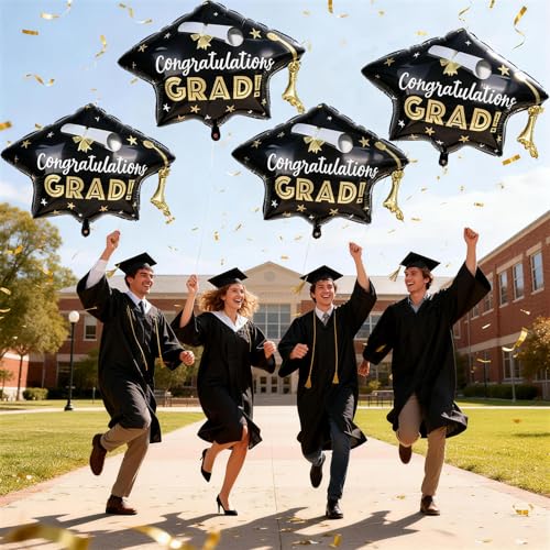 Image of Graduation Cap Balloons, Graduation Decorations 2026, 4 Pcs Black Gold 2026 Congrats Grad Hat Balloon Foil Mylar Balloon for High School College Class of 2026 Congratulations Graduate Party Decoration