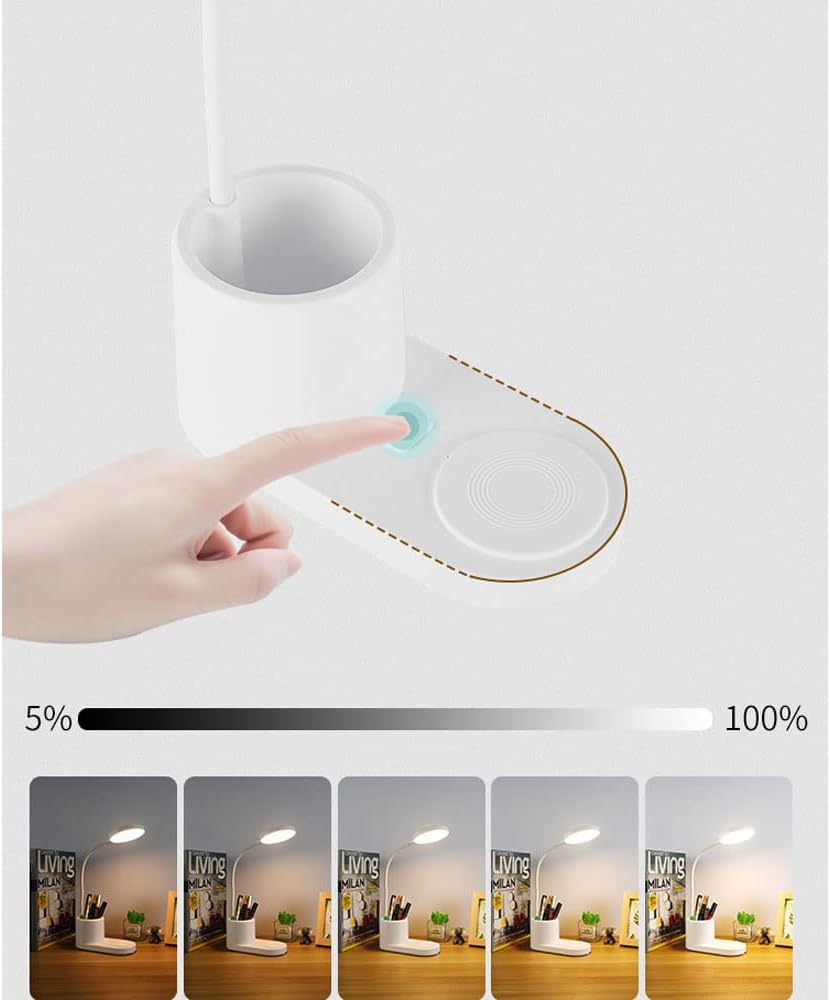 Battery Operated Desk Lamp Dimmable LED Rechargeable Desk Lamps, with Pen Holder Phone Stand Touch Control 360° Flexible Gooseneck Reading Lamp for Students - 3 Color 3 Brightness, White
