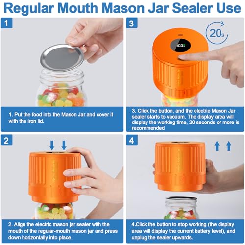 Electric Mason Jar Vacuum Sealer Kit for Wide Mouth and Regular Mouth Mason Jar - Orange