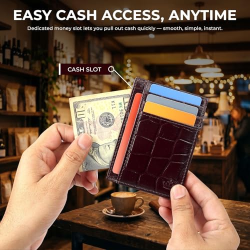 Image of Genuine Leather Slim Card Holder Wallet for Men - Premium and Stylish Card Holder with Capacity for 7-10 Cards and Currency Compartment - Stylish and Functional Leather Wallet (CHERRY)