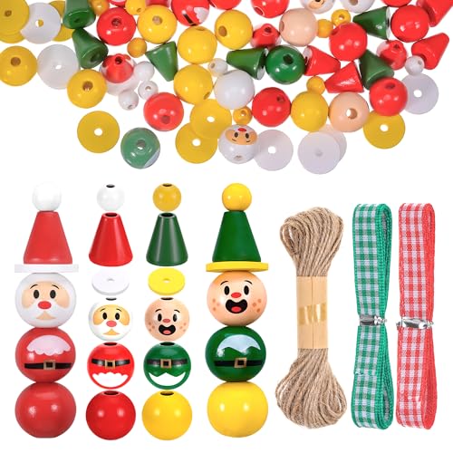 Zourglow 150pcs Christmas Snowman Wooden Beads Set, DIY Winter Wood Bead Kits, Red and Green Plaid Ribbon with Hemp Rope for Christmas Tree DIY Crafts Decorations