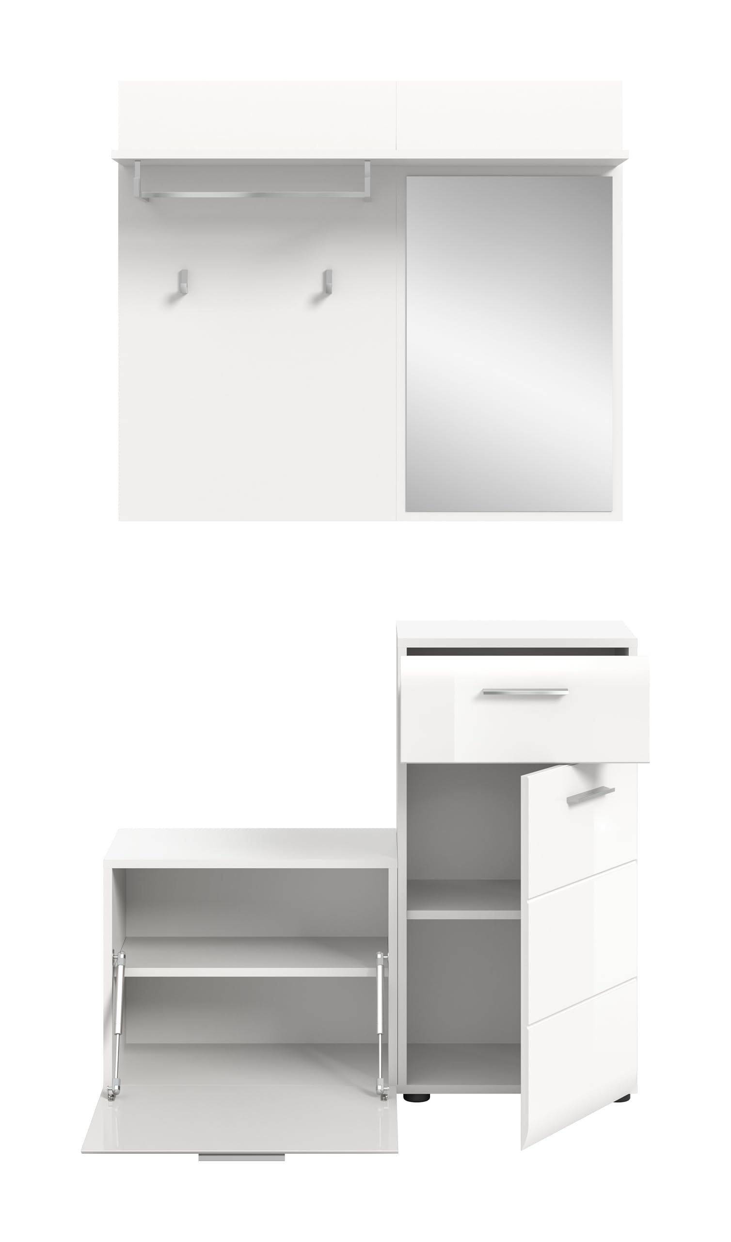 xonox.home - Garderobenkombination Ice 4 teilig 98x191x35 cm in Korpus weiß und Front weiß Hochglanz - Garderobenschrank Garderobenset Flurmöbel-Set Flursystem Stauraumlösung