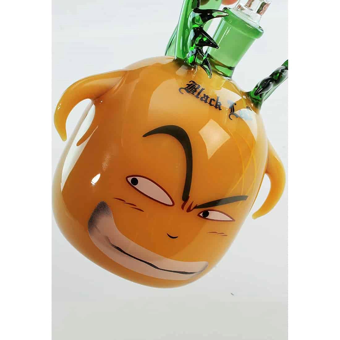 Black Leaf Grumpy Percolator Bong 20 cm | Arancio/Verde | Percolator Bong 14,5 (NS 14) in vetro borosilicato, percolatore forato e testa lift-off | Erbe bong in vetro, design Grampy | Ø 90/16 mm