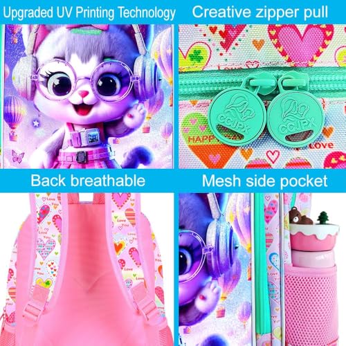 Image of CCJPX 3Pcs Cat Backpack for Girls, 16 inch Kids Bookbag with Lunch Box, Water Resistant Elementary School Bag for Kindergarten Preschool Toddler (Pink)