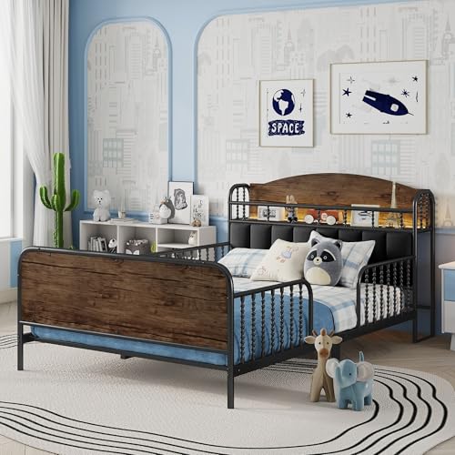 MaiDeHaoo Full Size Metal Platform Bed Frame with Storage Headboard and Led Lights, Metal Bed Frame with Upholstered Headboard and Fence, Black