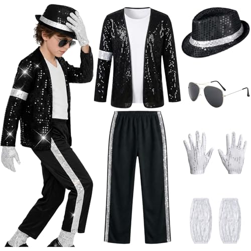 DINIZIMO 8 Pcs 80s 90s Dance Star Costume for Kids Pop Stage Cosplay Halloween with Accessories Set (Medium(6-8 Yrs))