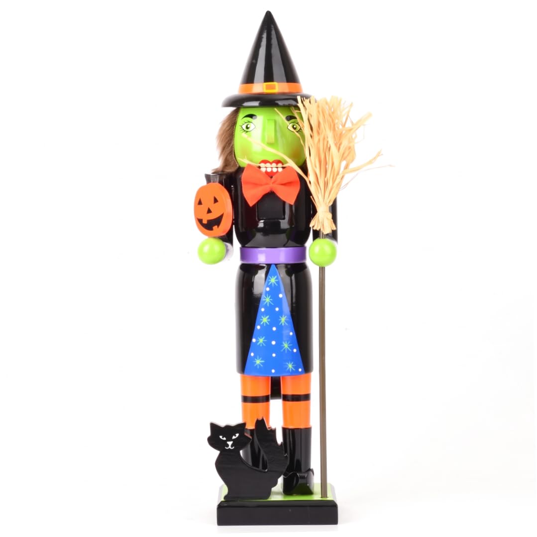 Tsawntd Wood Halloween Nutcracker, Witch Figure, Green, 15in