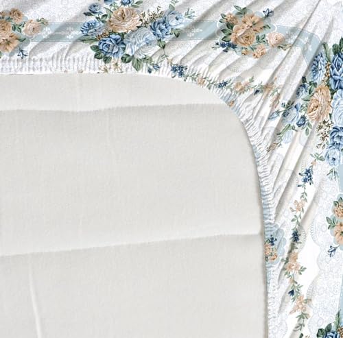 Image of Premium Cotton Elastic Fitted Bedsheets with 1 Pillow Covers |Floral Printed Single Bed Elastic 220 TC Supersoft Breathable & Wrinklefree | for 72x36+6 Inches, Blue Vintage