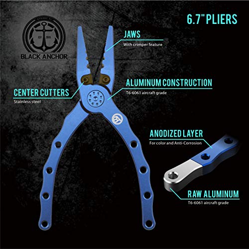 Black Anchor Aluminum Fishing Pliers 6.7\" Saltwater Resistant Anodization, Mono, Fluoro & Braid Line Cutters, Nylon Sheath with Belt Loop (Black, 6.7) - Thumbnail 6